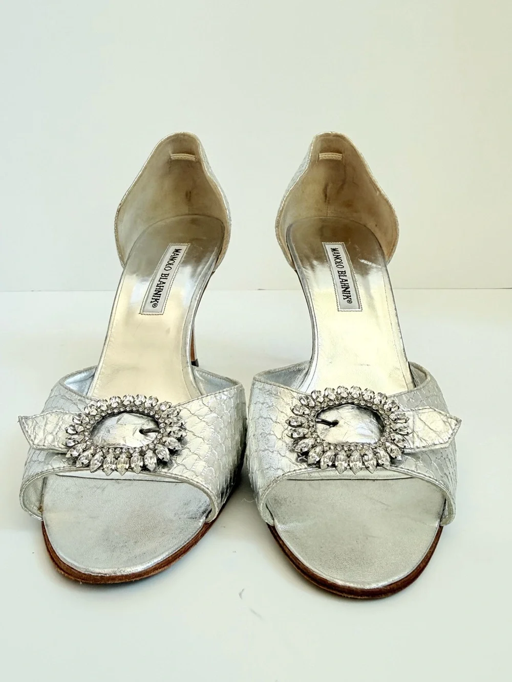 Manolo Blahnik Sedaraby Silver Python Crystal Buckle D’Orsay Mule Heels EU 39.5